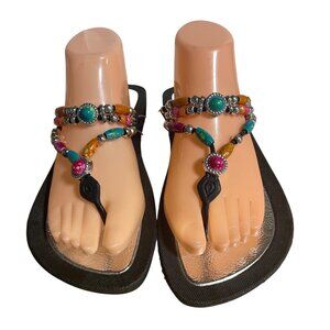 Mix & Co Beaded Sandals With Colorful Accents Size 10 Womens Black Flip Flops